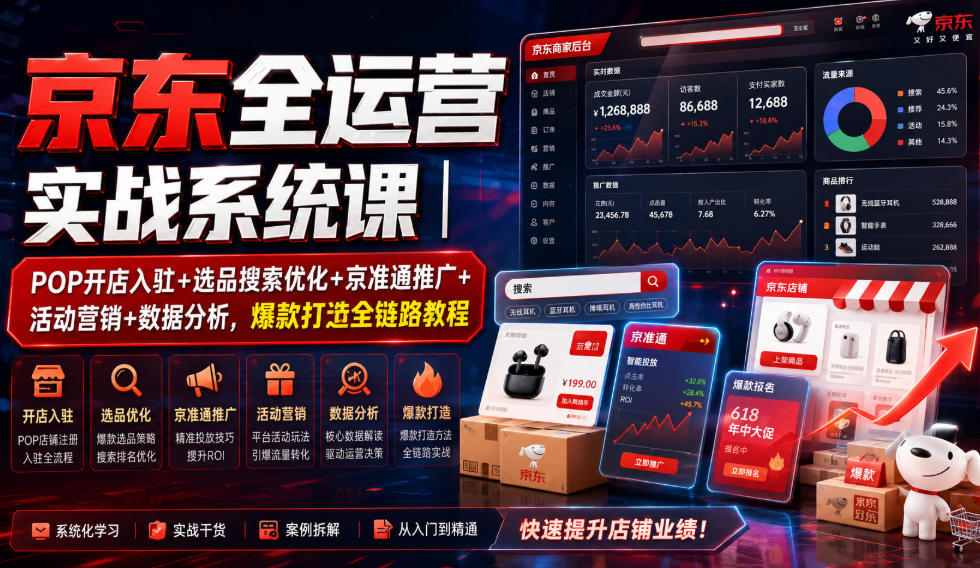 京东全运营实战系统课|POP开店入驻+选品搜索优化+京准通推广+活动营销+数据分析,爆款打造全链路教程-墨痕微课
