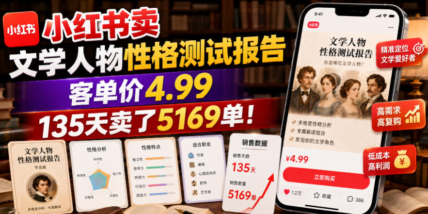 小红书卖文学人物性格测试报告,客单价4.99,135天卖了5169单!