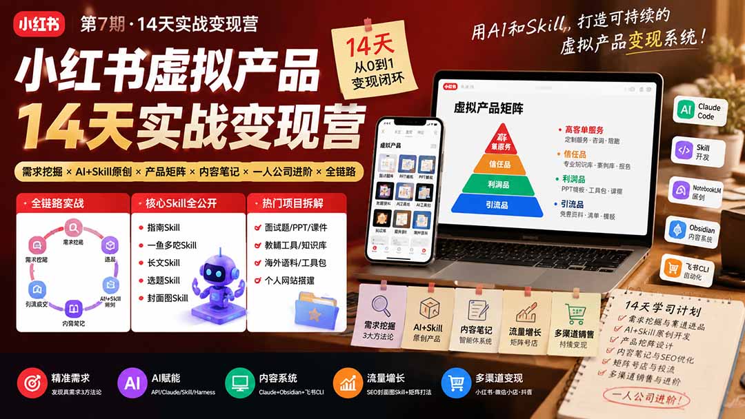 小红书虚拟产品14天实战变现营-第7期:需求挖掘×AI+Skill原创×产品矩阵×内容笔记×一人公司进阶×全链路-墨痕微课
