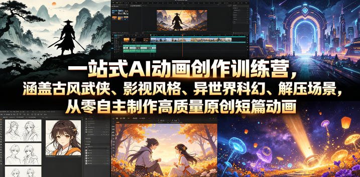 一站式AI动画创作训练营，涵盖古风武侠、影视风格、异世界科幻、解压场景，从零自主制作高质量原创短篇动画-墨痕微课