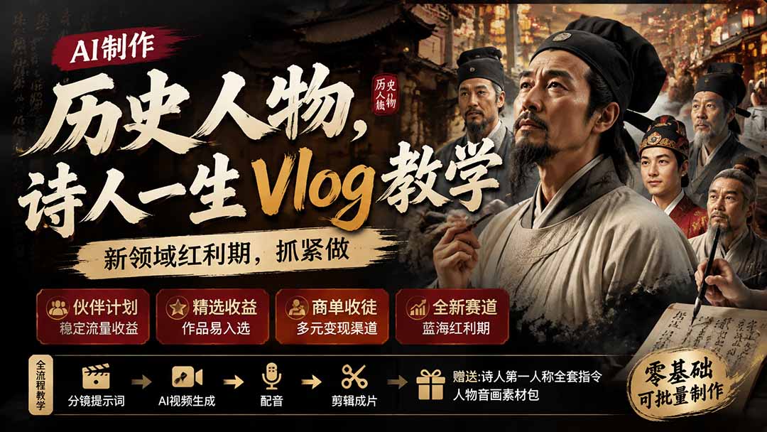历史人物,诗人一生Vlog教学, AI制作丨伙伴计划丨精选收益丨商单收徒 ,新领域红利期,抓紧做-墨痕微课