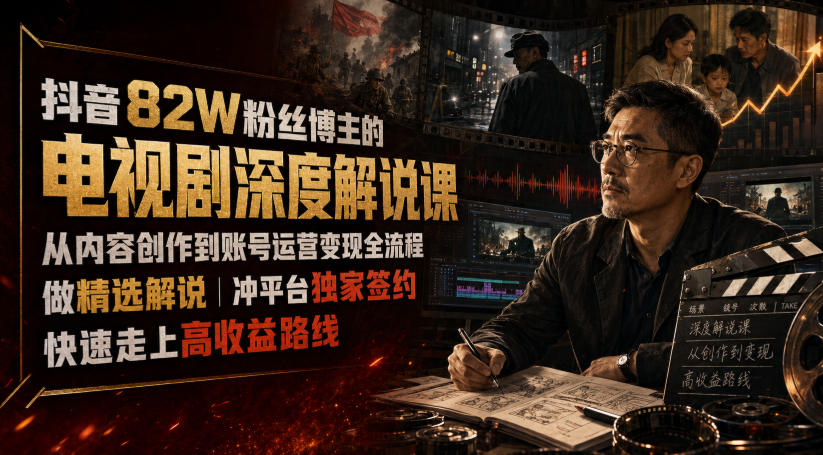抖音82W粉丝博主的电视剧深度解说课,从内容创作到账号运营变现全流程,做精选解说,冲平台独家签约,快速走上高收益路线-墨痕微课