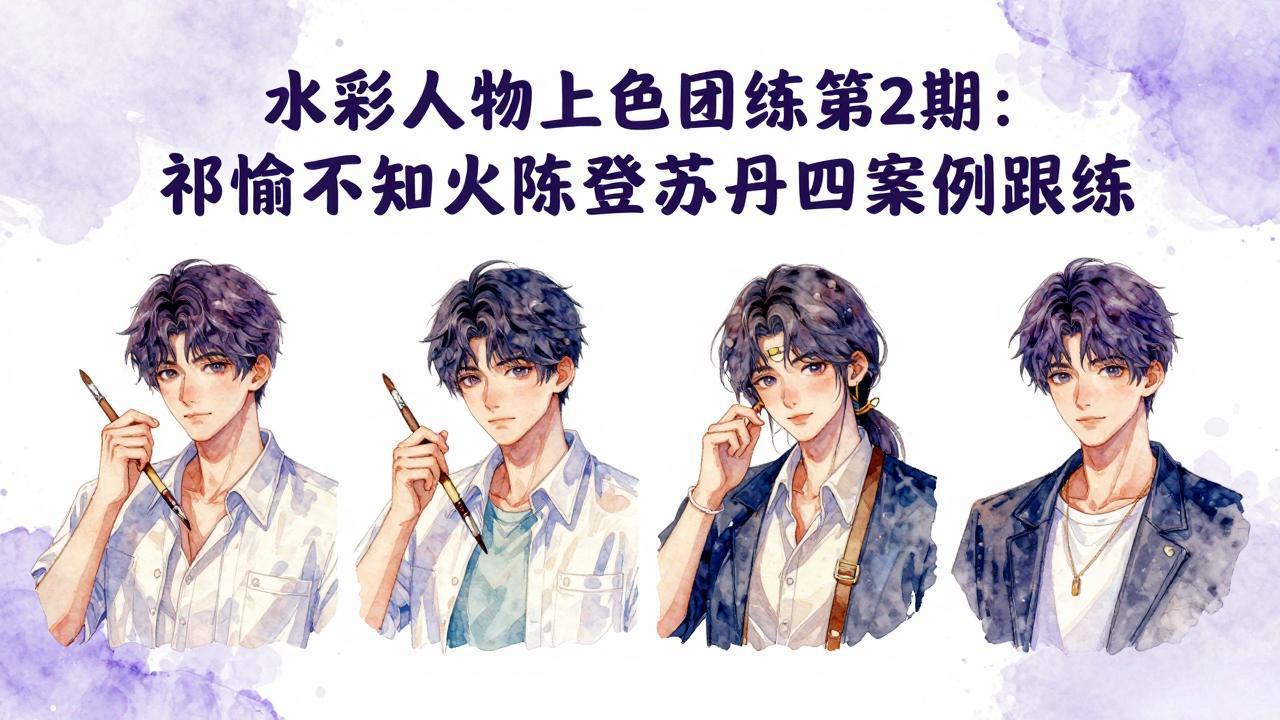 水彩人物上色团练第2期：祁煜不知火陈登苏丹四案例跟练，手把手提升绘画能力-墨痕微课