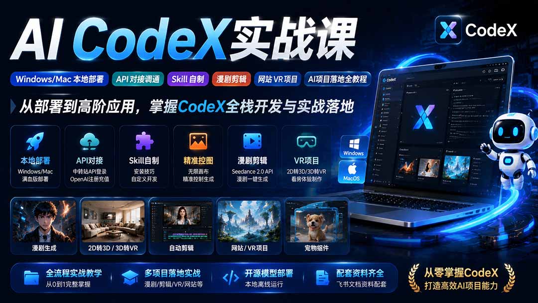 AI CodeX实战课|Windows/Mac 本地部署|API 对接调通|Skill 自制|漫剧剪辑|网站 VR 项目|AI项目落地全教程-墨痕微课