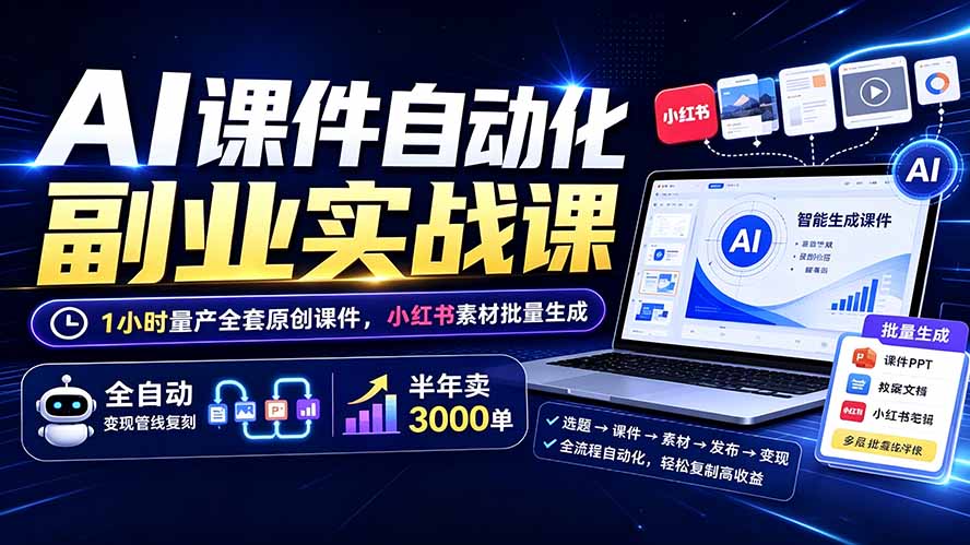 AI课件自动化副业实战课：1小时量产全套原创课件×小红书素材批量生成×全自动变现管线×半年卖3000单-墨痕微课