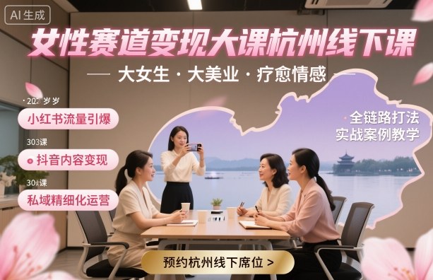 女性赛道变现大课杭州线下,大女生,大美业,疗愈情感,一套小红书、抖音、私域全链路打法-墨痕微课