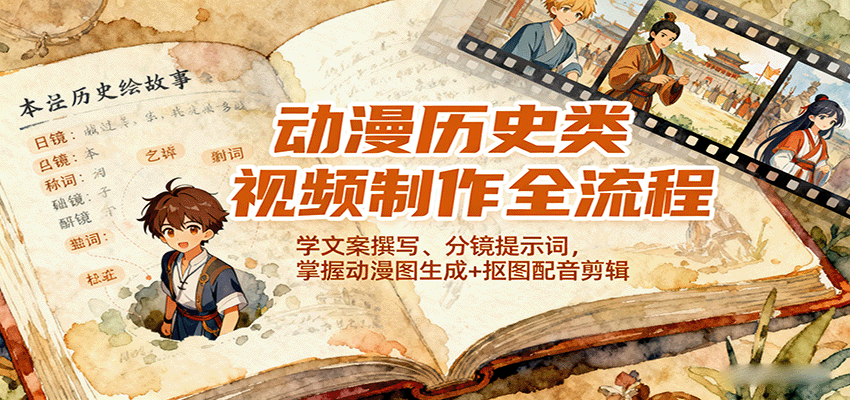 动漫历史类视频制作全流程,学文案撰写、分镜提示词,掌握动漫图生成+抠图配音剪辑-墨痕微课