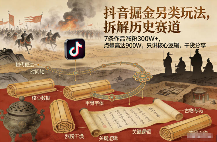 抖音掘金另类玩法，拆解历史赛道，7条作品涨粉300W+，点赞量高达900W，只讲核心逻辑，干货分享-墨痕微课