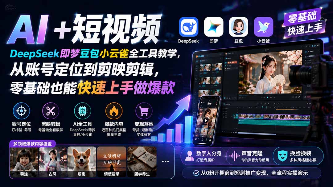 AI+短视频|DeepSeek即梦豆包小云雀全工具教学,从账号定位到剪映剪辑,零基础也能快速上手做爆款-墨痕微课