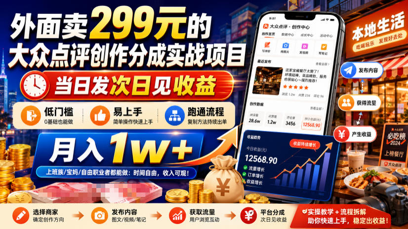 外面卖299元的大众点评创作分成实战项目,当日发次日见收益,低门槛易上手,跑通流程月入1w+-墨痕微课