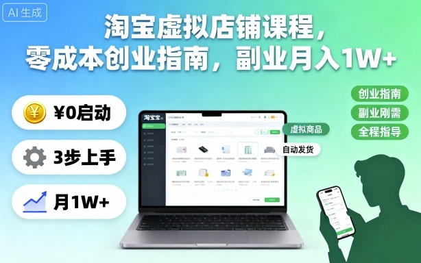 淘宝虚拟店铺课程,零成本创业指南,副业月入1W+-墨痕微课