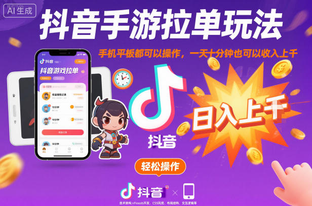 抖音手游拉单玩法，手机平板都可以操作，一天十分钟也可以收入上K【揭秘】-墨痕微课