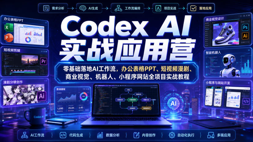 Codex AI实战应用营|零基础落地AI工作流,办公表格PPT、短视频漫剧、商业视觉、机器人、小程序网站全项目实战教程-墨痕微课