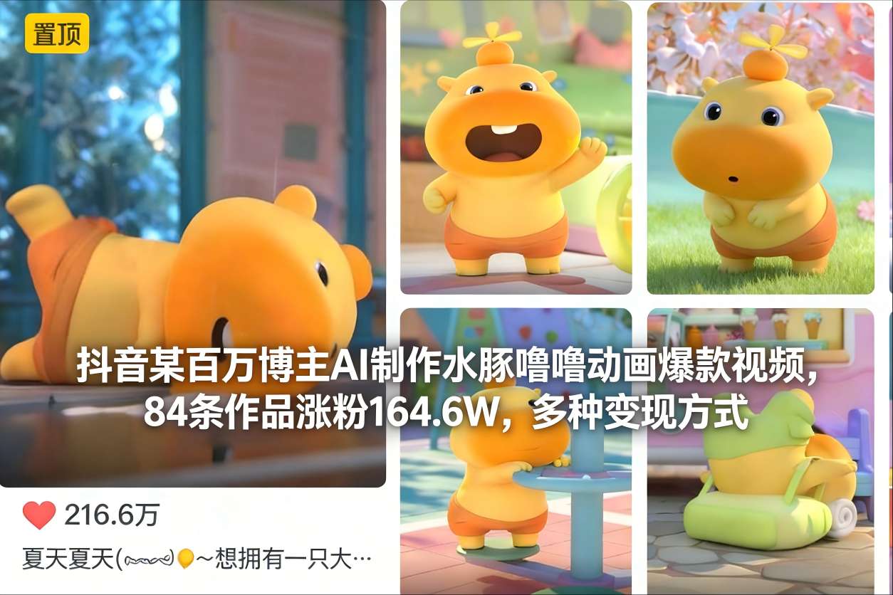 抖音某百万博主AI制作水豚噜噜动画爆款视频，84条作品涨粉164.6W，多种变现方式-墨痕微课