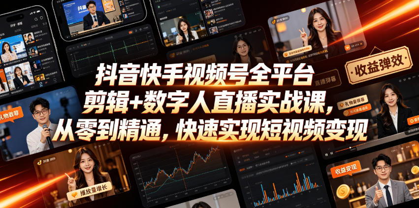 抖音快手视频号全平台剪辑+数字人直播实战课,从零到精通,快速实现短视频变现(更新2026年6月)-墨痕微课