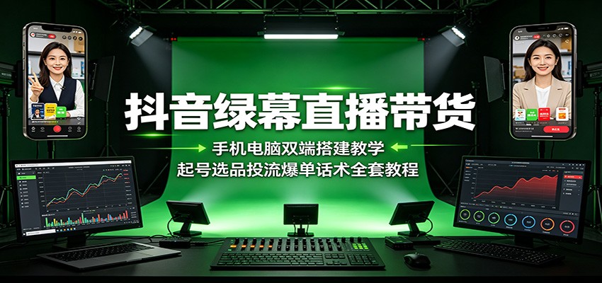 抖音绿幕直播带货:手机电脑双端搭建教学,起号选品投流爆单话术全套教程-墨痕微课