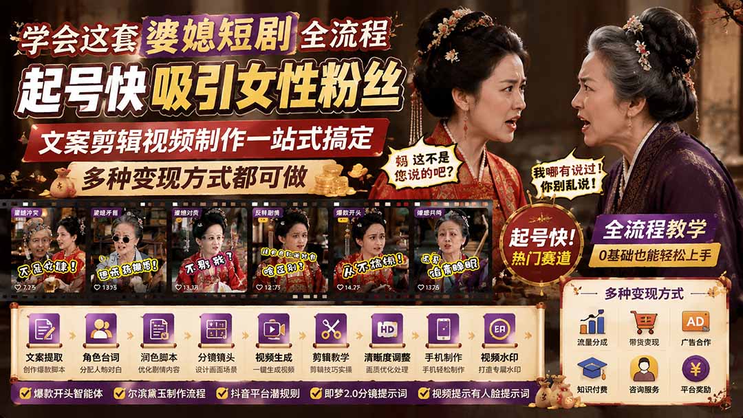 学会这套婆媳短剧全流程:起号快吸引女性粉丝,文案剪辑视频制作一站式搞定,多种变现方式都可做-墨痕微课