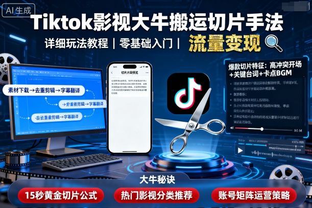 Tiktok影视大牛搬运切片手法,详细玩法教程-墨痕微课