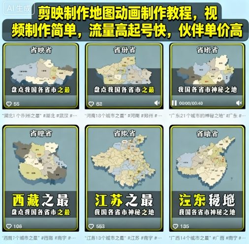 剪映制作地图动画制作教程,视频制作简单,流量高起号快,伙伴单价高-墨痕微课