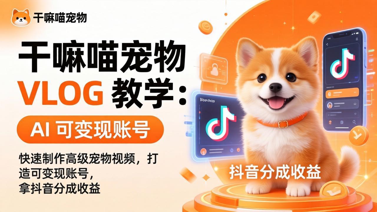 干嘛喵宠物 VLOG 教学：AI 快速制作高级宠物视频，打造可变现账号，拿抖音分成收益-墨痕微课