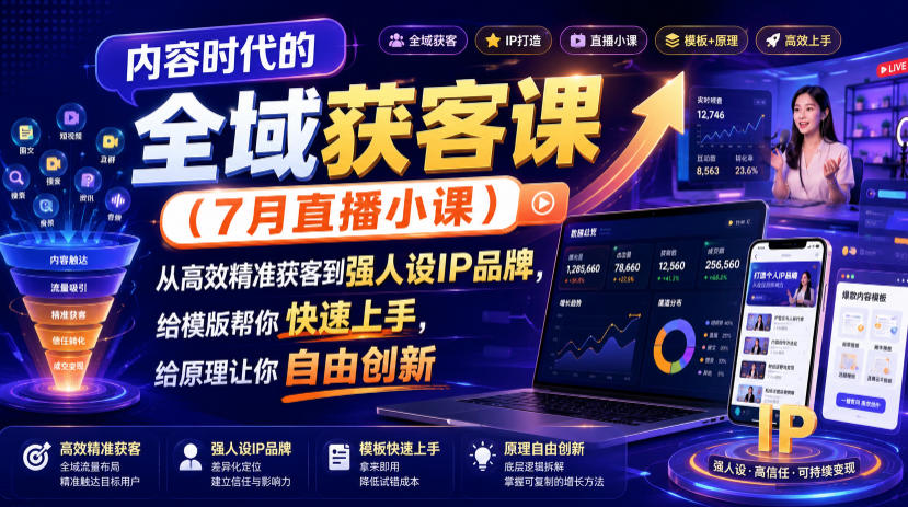 内容时代的全域获客课(7月直播小课),从高效精准获客到强人设IP品牌,给模版帮你快速上手,给原理让你自由创新-墨痕微课