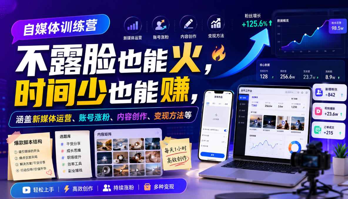 自媒体训练营,不露脸也能火,时间少也能賺,涵盖新媒体运营、账号涨粉、内容创作、变现方法等-墨痕微课