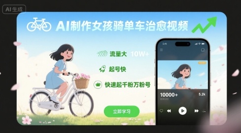 AI制作女孩骑单车治愈视频,流量大,起号快,快速起千粉万粉号-墨痕微课