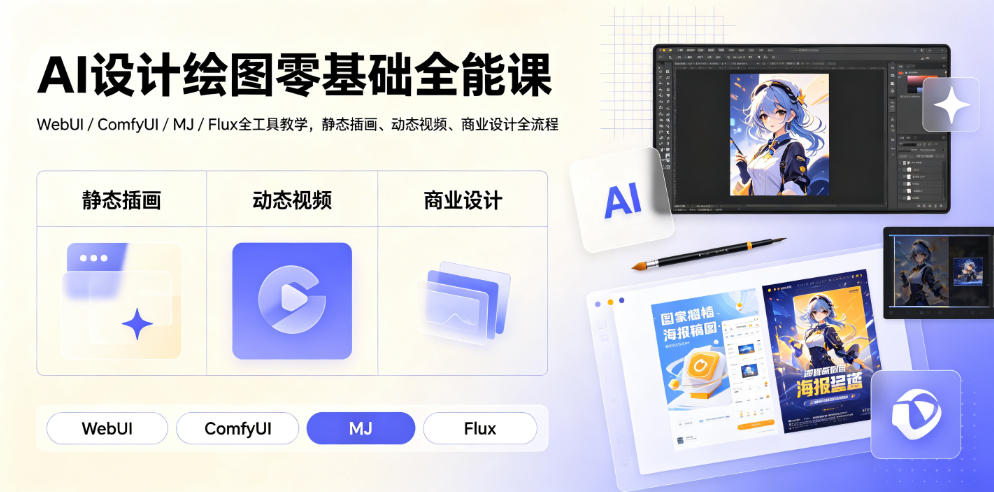 AI设计绘图零基础全能课｜WebUI/ComfyUI/MJ/Flux全工具教学，静态插画、动态视频、商业设计全流程-墨痕微课