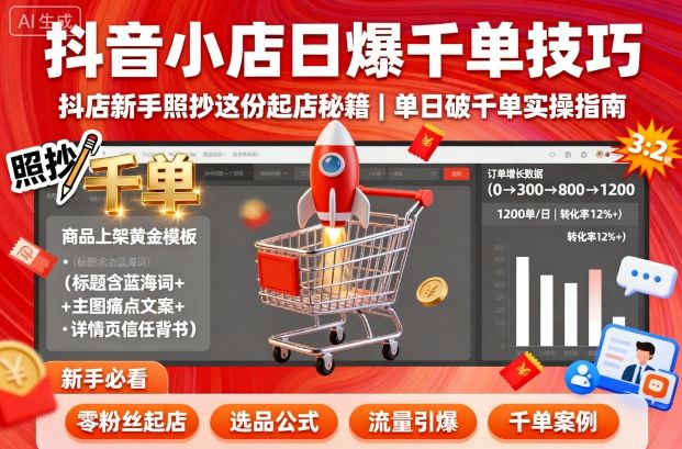 抖音小店日爆千单技巧,抖店新手照抄这份起店秘籍,单日破千单-墨痕微课
