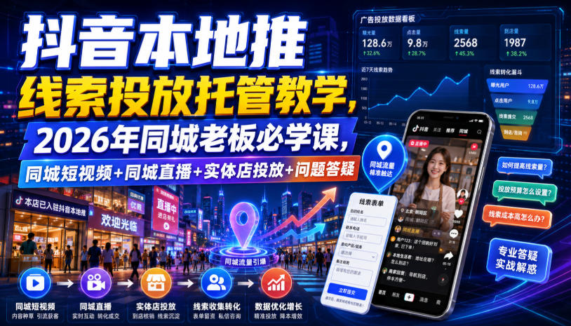 抖音本地推线索投放托管教学，2026年同城老板必学课，同城短视频+同城直播+实体店投放+问题答疑-墨痕微课