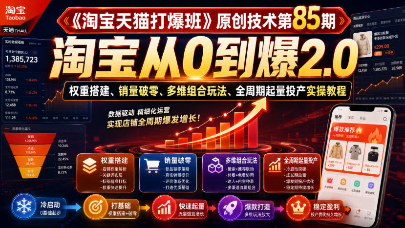 《淘宝天猫打爆班》原创技术第85期,淘宝从0到爆2.0,权重搭建、销量破零、多维组合玩法、全周期起量投产实操教程-墨痕微课