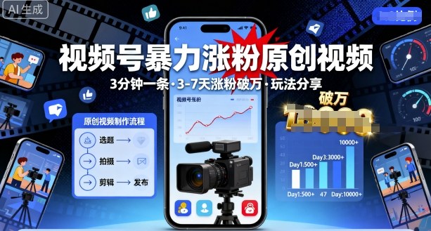 视频号暴力涨粉原创视频,3分钟一条原创视频,3-7天涨粉破万,玩法分享给你-墨痕微课