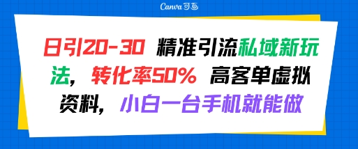 日引 20-30 精准引流私域新玩法，转化率50% 高客单虚拟资料，小白一台手机就能做-墨痕微课