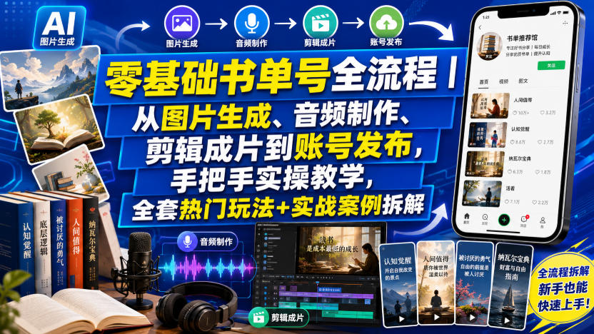 零基础书单号全流程|从图片生成、音频制作、剪辑成片到账号发布,手把手实操教学,全套热门玩法+实战案例拆解-墨痕微课