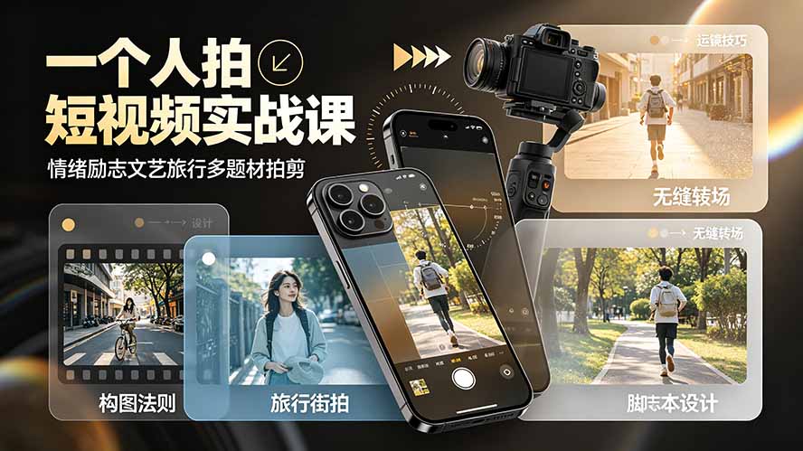 一个人拍短视频实战课：情绪励志文艺旅行多题材×五大景别×黄金构图×八大运镜，从拍摄到成片高效创作-墨痕微课