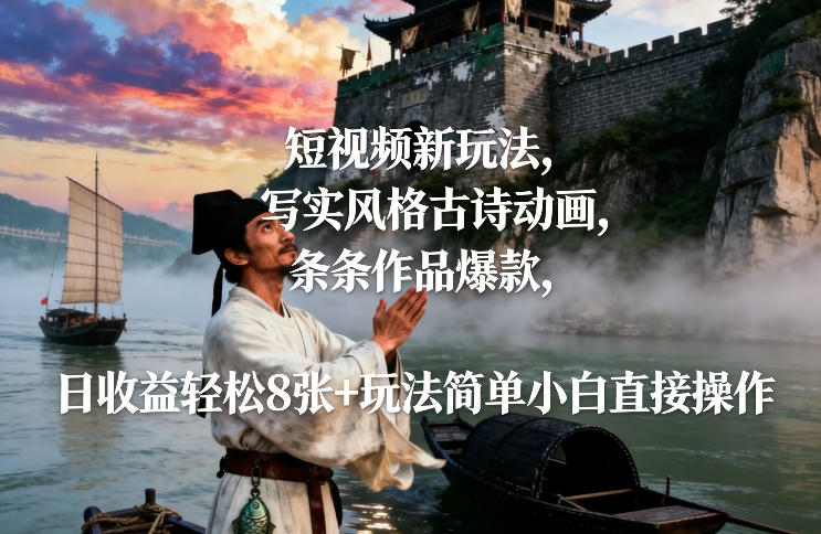 短视频新玩法，写实风格古诗动画，条条作品爆款，日收益轻松8张+玩法简单小白直接操作-墨痕微课