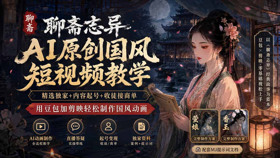 聊斋志异AI原创国风短视频教学;精选独家+内容起号+收徒接商单,用豆包加剪映轻松制作国风动画-墨痕微课
