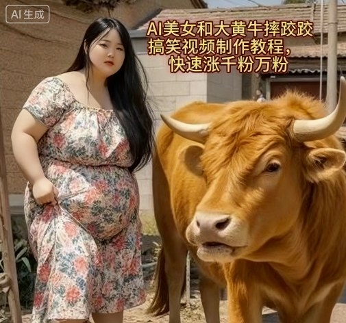 AI美女和大黄牛摔跤搞笑荒诞视频制作教程,快速涨千粉万粉-墨痕微课