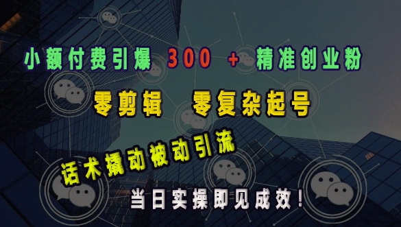 小额付费引爆 300 + 精准创业粉,零剪辑、零复杂起号,话术撬动被动引流,当日实操即见成效-墨痕微课