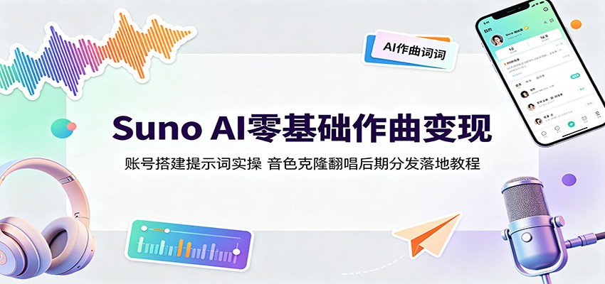 Suno AI零基础作曲变现:账号搭建提示词实操,音色克隆翻唱后期分发落地教程-墨痕微课