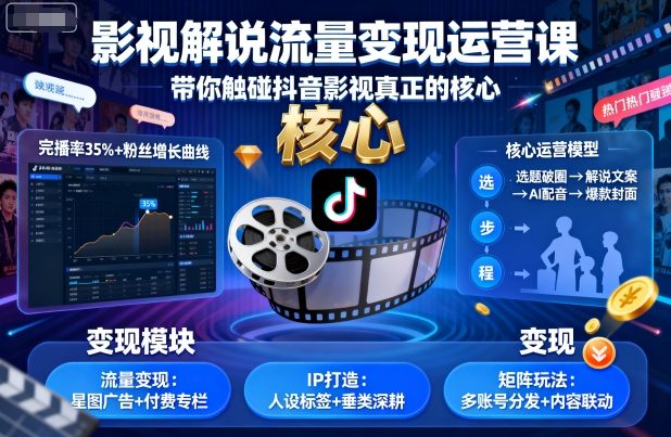 影视解说流量变现运营课,带你触碰抖音影视真正的核心-墨痕微课