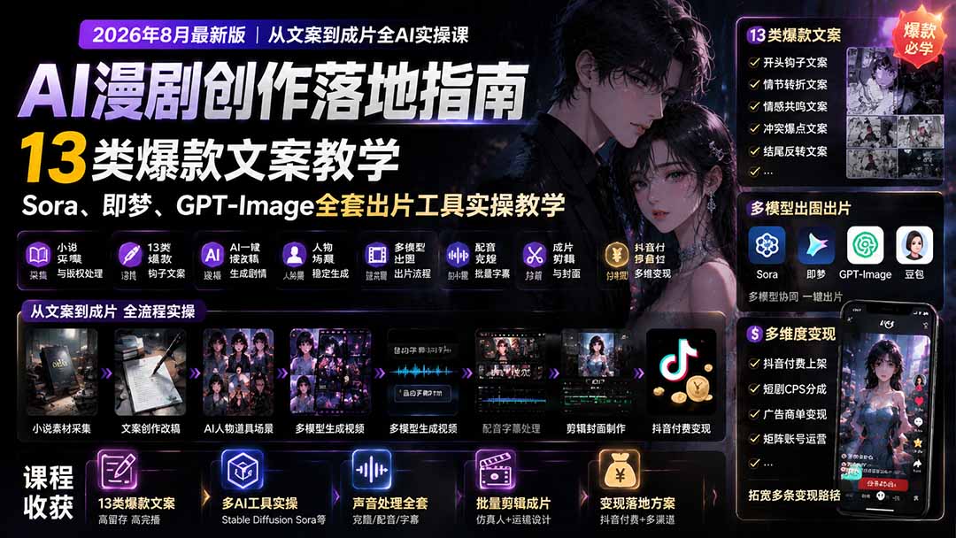 AI漫剧创作落地指南|13类爆款文案教学,Sora、即梦、GPT-Image全套出片工具实操教学-墨痕微课