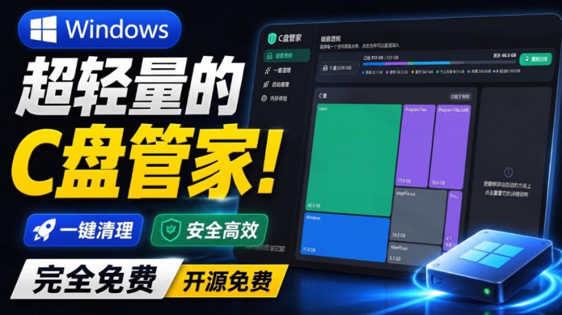 Windows超轻量的C盘管家!超级有特点,支持磁盘分析及清理提醒,2M大小体积,完全免费C盘管家-墨痕微课