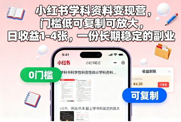 小红书学科资料变现营,门槛低可复制可放大,日收益1-4张,一份长期稳定的副业-墨痕微课