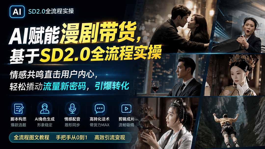 AI赋能漫剧带货,基于SD2.0全流程实操;情感共鸣直击用户内心,轻松撬动流量新密码,引爆转化-墨痕微课