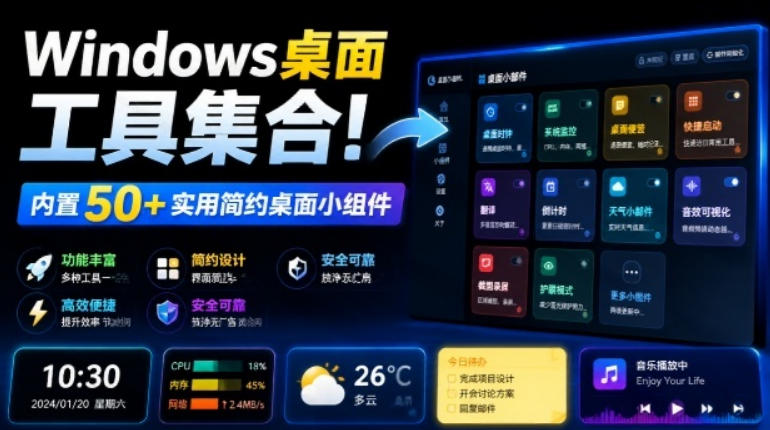 Windows桌面工具集合！内置50+实用简约桌面小组件，含截图、录屏、翻译、天气等，多秘工具箱-墨痕微课