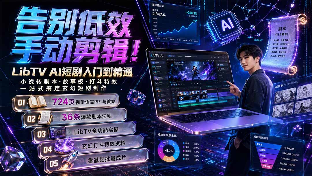告别低效手动剪辑！LibTV AI短剧入门到精通，小说转剧本方法，故事板打斗特效一站式搞定玄幻短剧制作-墨痕微课