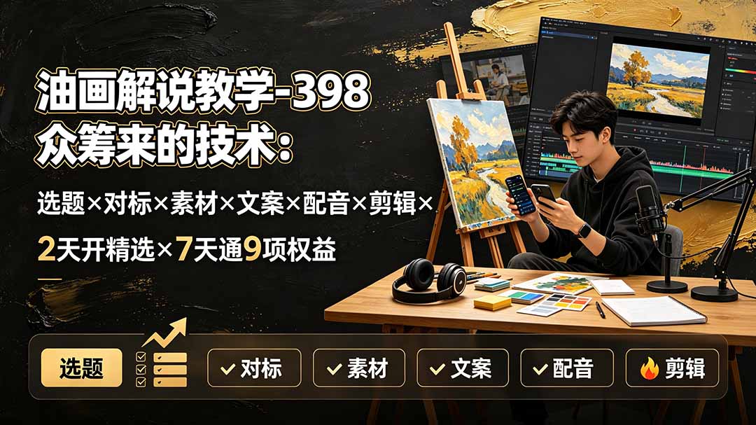 油画解说教学-398众筹来的技术:选题×对标×素材×文案×配音×剪辑×2天开精选×7天通9项权益-墨痕微课