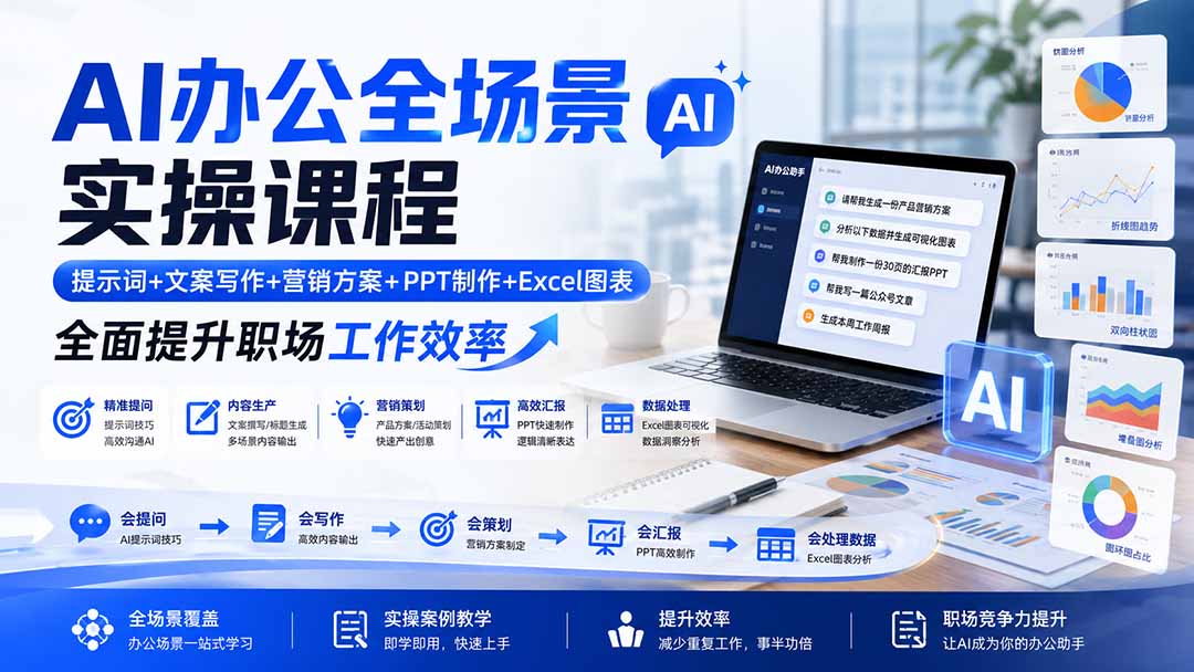 AI办公全场景实操课程：提示词+文案写作+营销方案+PPT制作+Excel图表，全面提升职场工作效率-墨痕微课