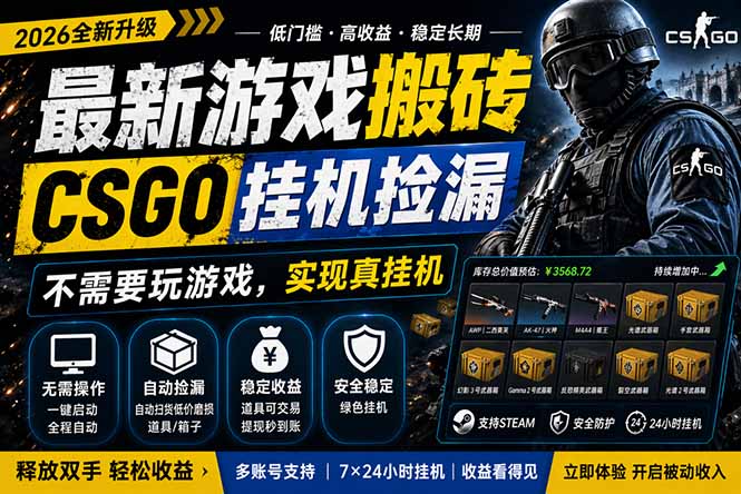最新游戏搬砖，CSGO纯挂机，不需要玩游戏，实现真挂机，月入1W+，五一小高峰上车可吃肉，…-墨痕微课